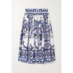 Dolce Gabbana Style Majolica Print Pleated A-line Midi Skirt Small